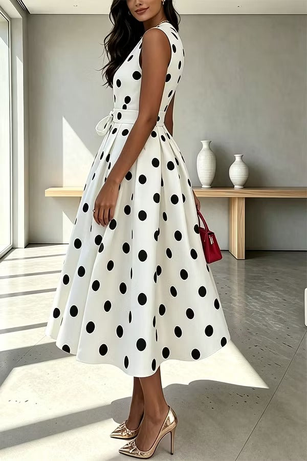French Vintage Style Polka-dot Print Sleeveless Tie Waist Detail Midi Dress