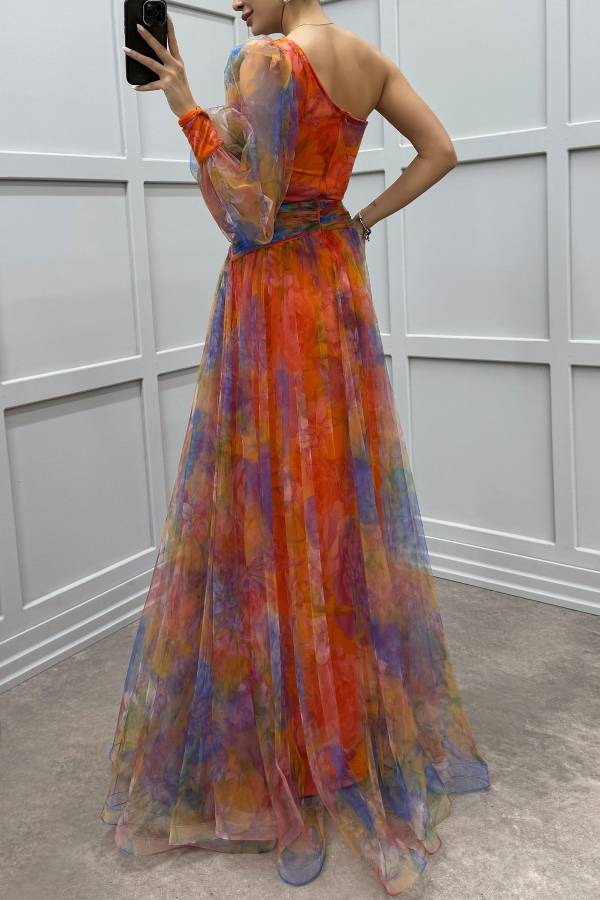 Floral Decor Chiffon Print One Shoulder Evening Gown Maxi Dresses