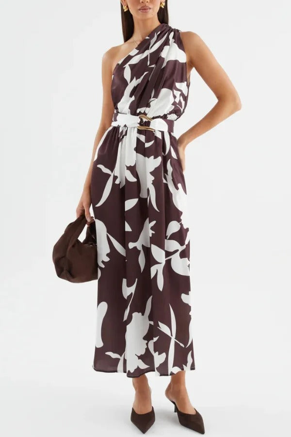 Unique Printed One-Shoulder Belt Casual Holiday Maxi Dress