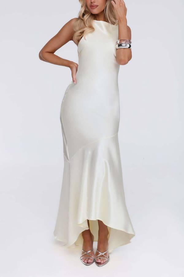 Satin Open Back Bow Bridesmaid Maxi Dress, Asymmetrical Mermaid Gown