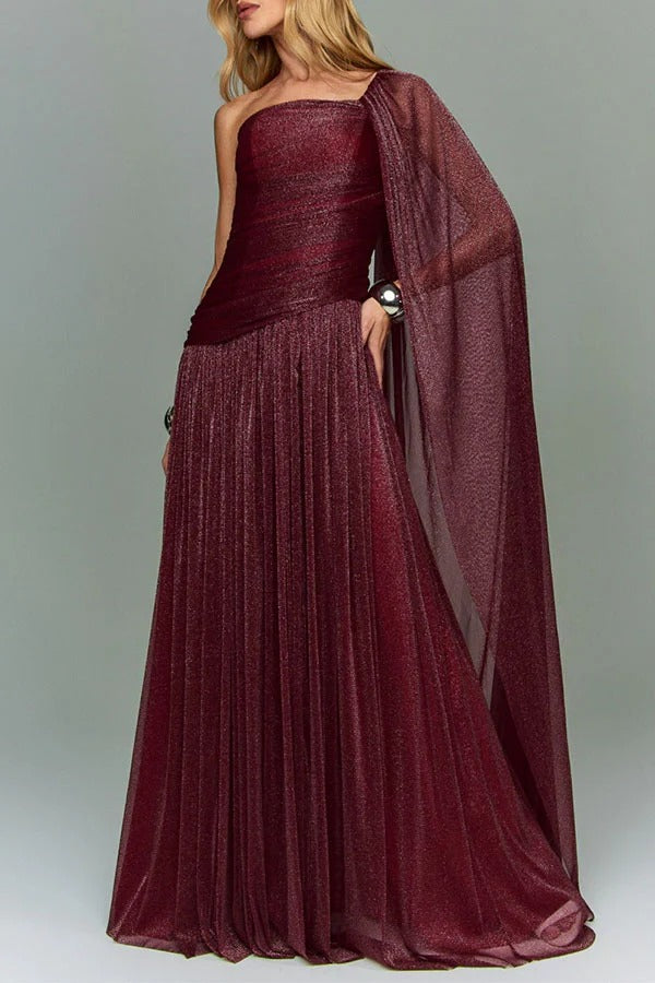 Maison Lurex Shimmer Ethereal One-Shoulder Draped Maxi Dress