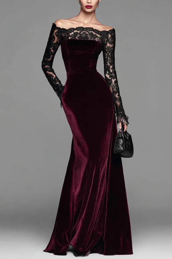 Burgundy Velvet Lace Sleeves Off Shoulder Mermaid Gown Maxi Dress