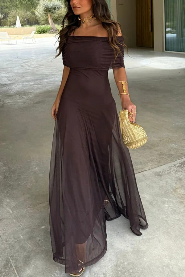 In My Arms Mesh Ruched Strapless Paneled Drape Flare Maxi Dress