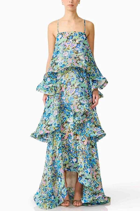 Armani Georgette Fabric Floral Print Tiered Slip Square Neck A-line Maxi Dress