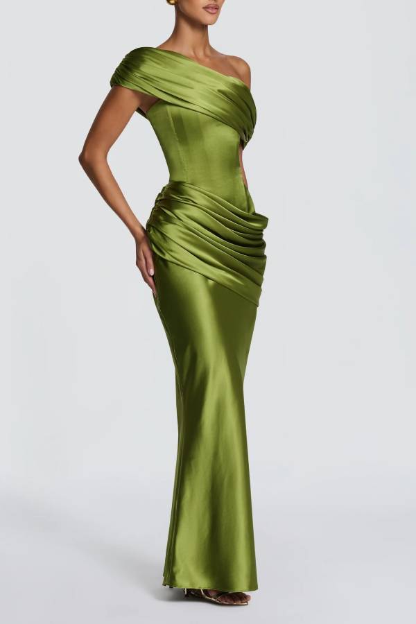 Ella Satin Detachable Asymmetric Off Shoulder Drape Panel Back Lace-up Maxi Dress