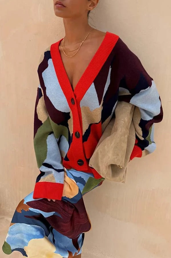 Bright and Bold Knit Abstract Color Blocks Button Long Sleeve Loose Cardigan