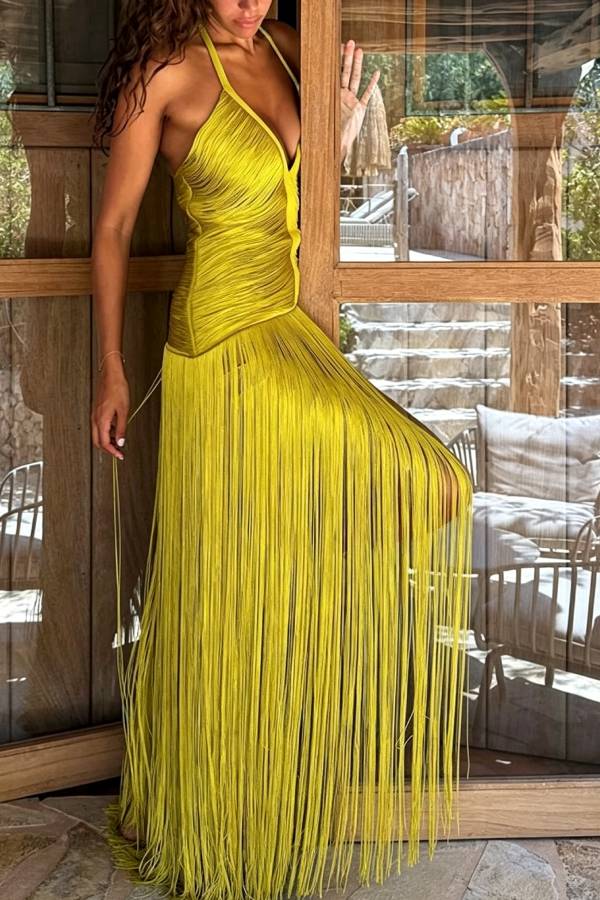 Rhythmic Aesthetic Appeal Tassel Helter V-neck Sleeveless Drape Hem Maxi Dress