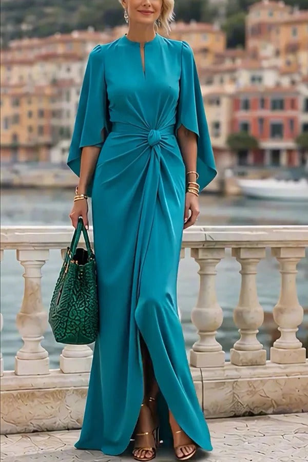 Falling for Her Bell Sleeve Knotted Waist Slit Drape Maxi Dress