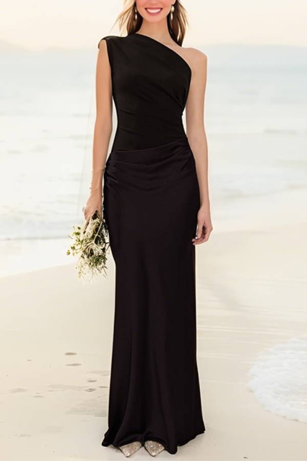 Kaia Satin Contrast Fabric Patchwork One Shoulder Ruched Maxi Dress