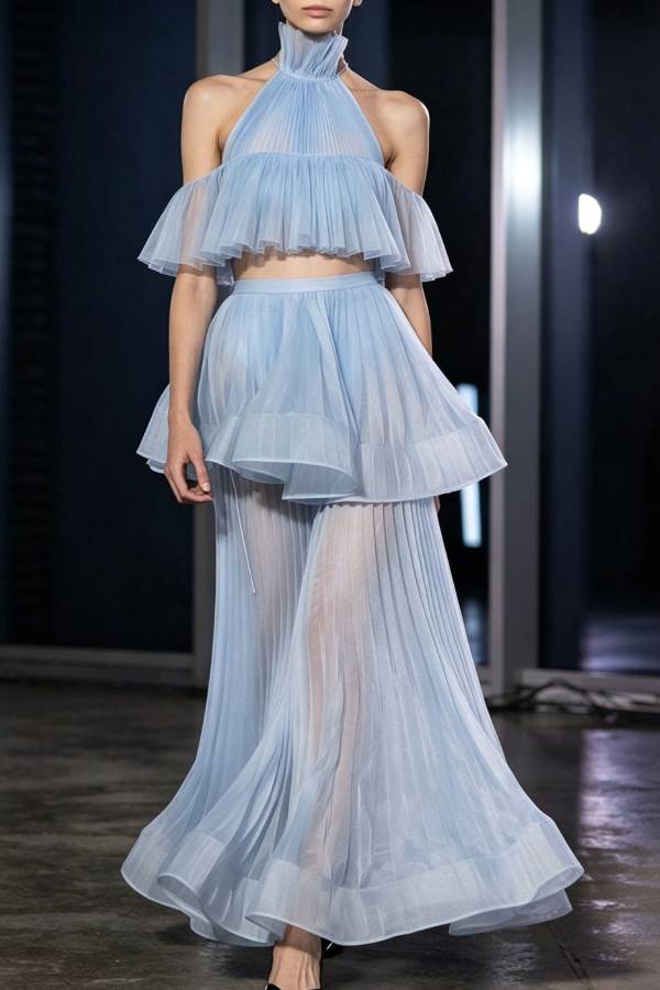 Evelyn Tulle Pleated Fabric High Neck A-line Tank and Elastic Waist A-line Maxi Skirt Set