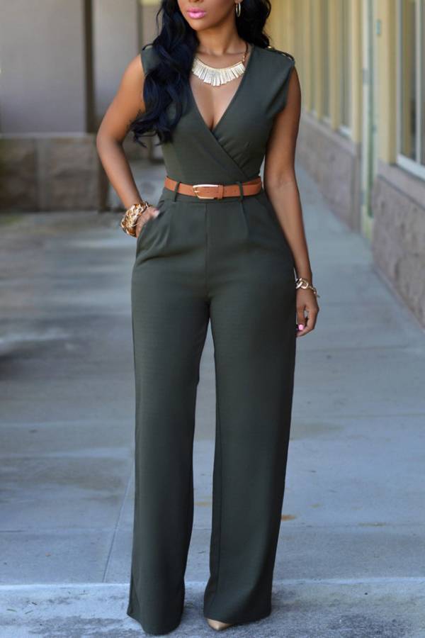 Deep V Sleeveless Waisted Wide-Leg Jumpsuit