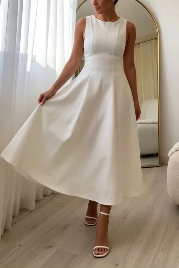White Sleeveless Fit-and-Flare A-Line Midi Dress With Pockets