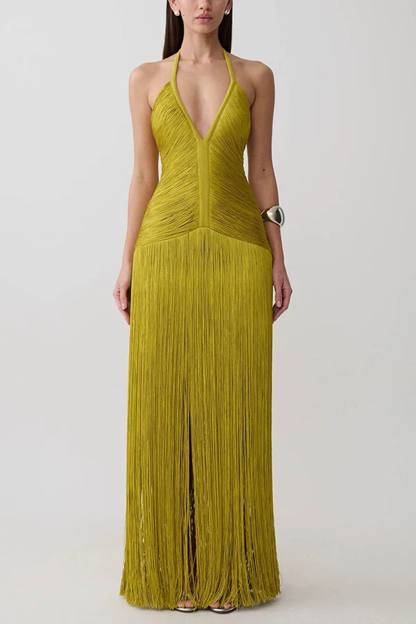 Rhythmic Aesthetic Appeal Tassel Helter V-neck Sleeveless Drape Hem Maxi Dress