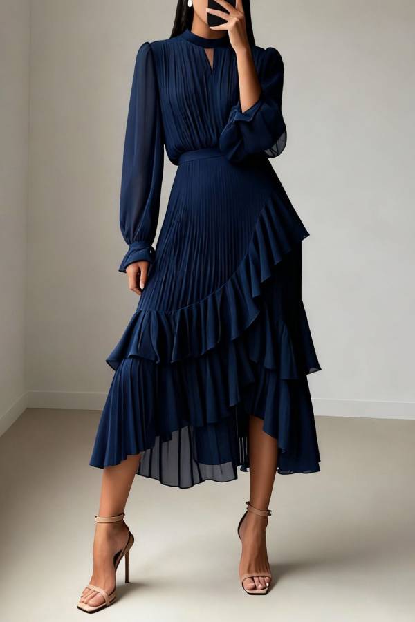 Mock Neck Cut‑Out Pleated Ruffle Long‑Sleeve Midi Dress