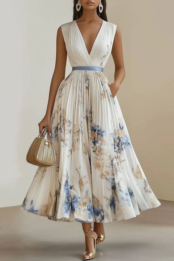 Spring New White Pleated Floral Chiffon V Neck Sleeveless A-Line Midi Dress