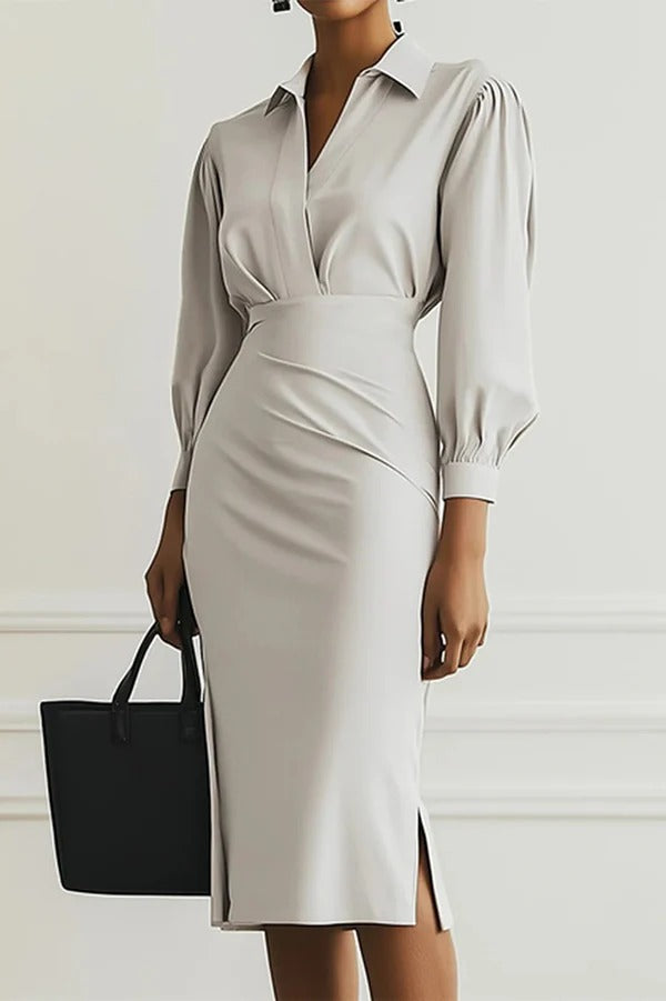 Fashion Lapel Long Sleeve Slim Waist Midi Dress