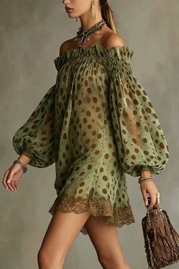 Ethereal Off-The-Shoulder Polka Dot Sheer Mini Dress