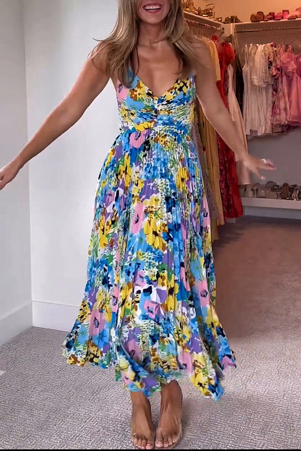 Watercolor Floral V-Neck Spaghetti Strap Pleated Midi Dress
