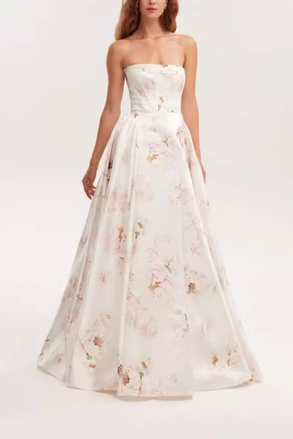Multi-Color Print Strapless Corset Ball Gown Maxi Dress