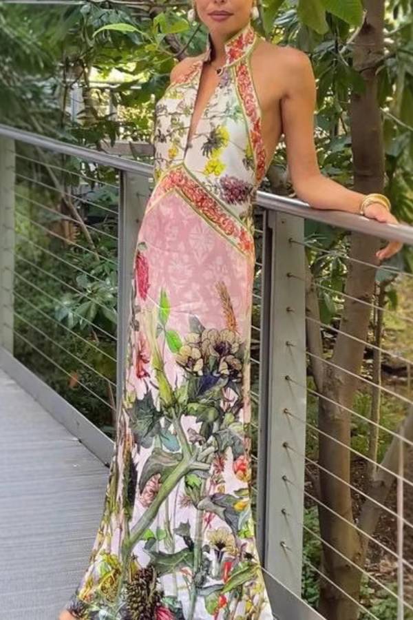 Vintage Botanical Print Halter Backless Mermaid Maxi Dress