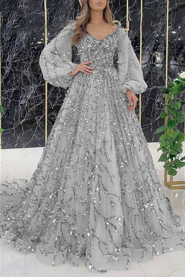 V-Neck Puff Long Sleeve Beaded A-Line Train Evening Gown