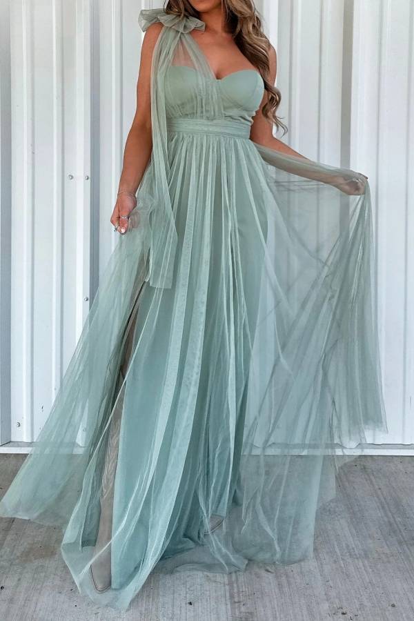 Multi-Color One-Shoulder Tulle Bow Slit Maxi Formal Dress