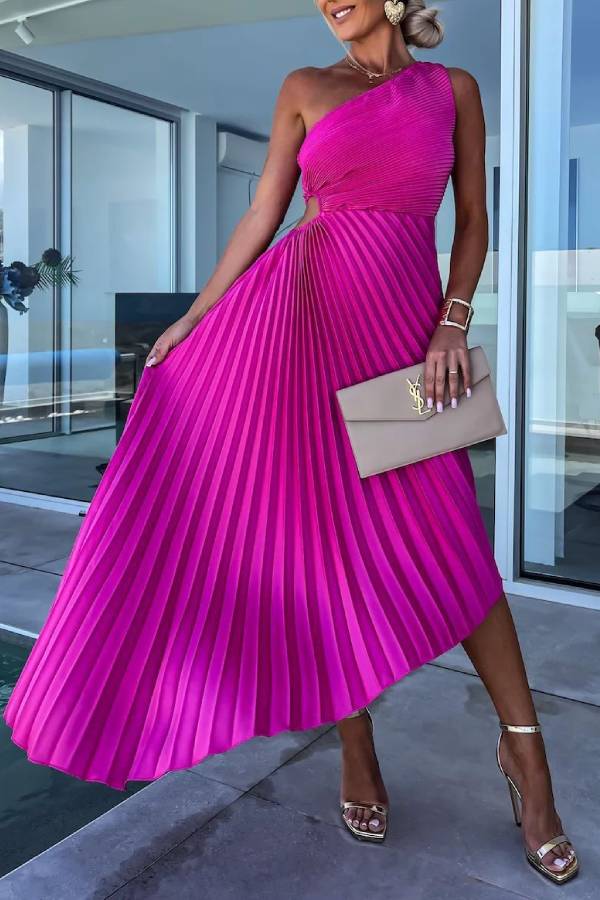 One-Shoulder Pleated Cutout Flare Maxi Dress