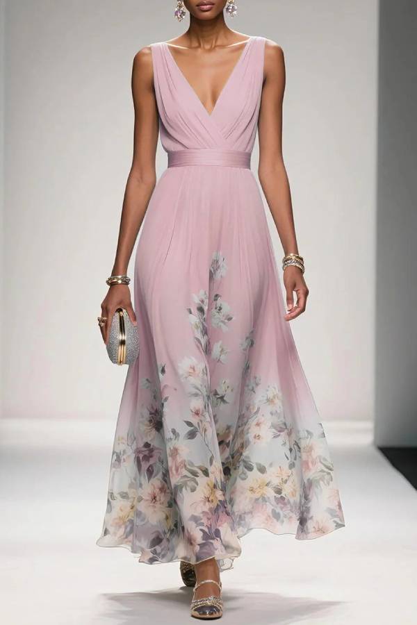 Light Blue Floral Chiffon V Neck Sleeveless A-Line Maxi Dress