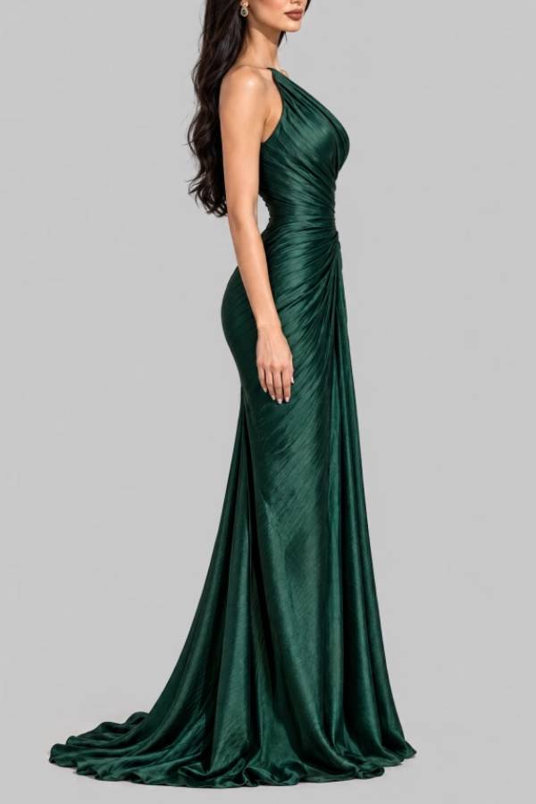 Emerald Green One Shoulder Ruched Satin Maxi Dress Elegant Evening Gown