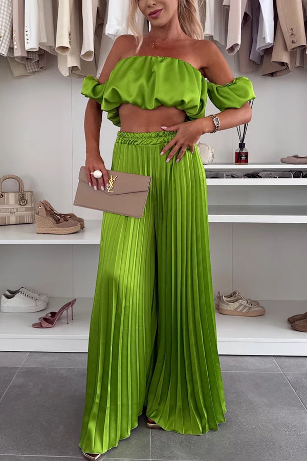 Jorie Satin Off Shoulder Puff Sleeve Crop Top and Elastic Waist Pleated Wide Leg Pants Set