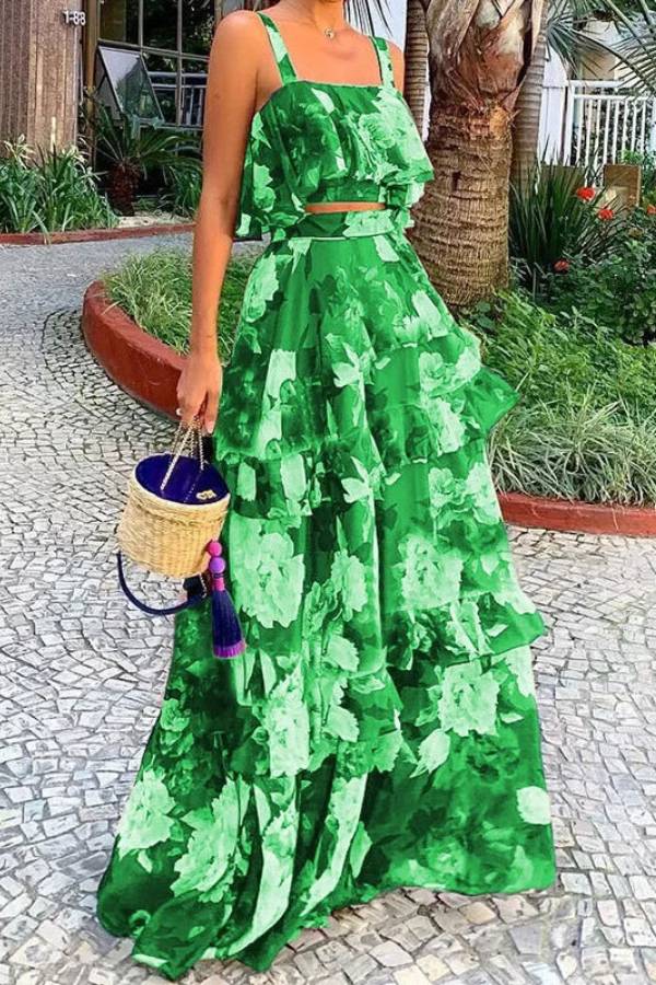 Vintage Floral Print Ruffled Cami & Skirt Set