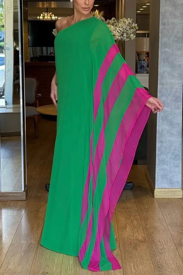 Fashionable Vacation Chiffon Color-blocked One Shoulder Loose Maxi Dress