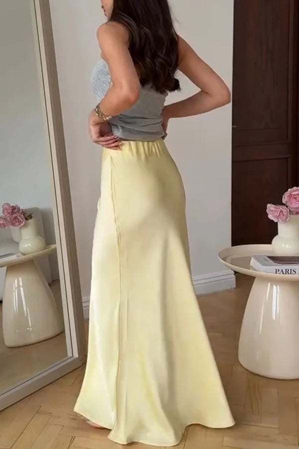 Secret of Elegance Satin Slit Back Lace-up Top and Elastic Waist Flare Maxi Skirt Set