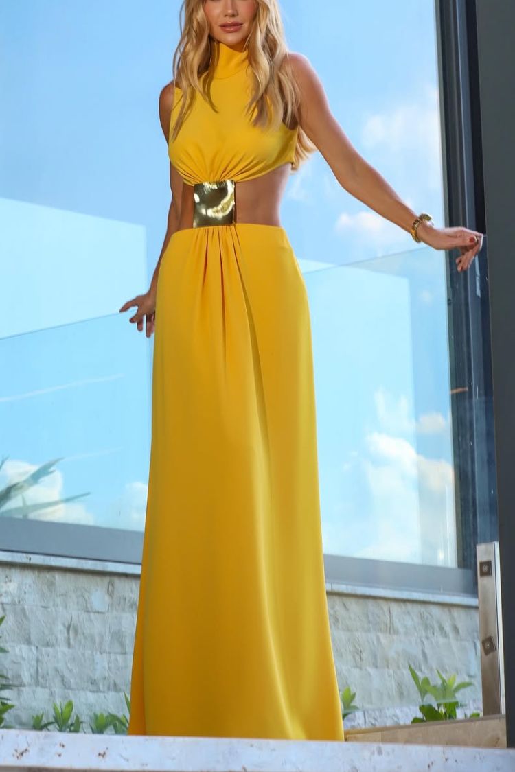 Avery High Neck Metal Decoration Cutout Waist Maxi Dress