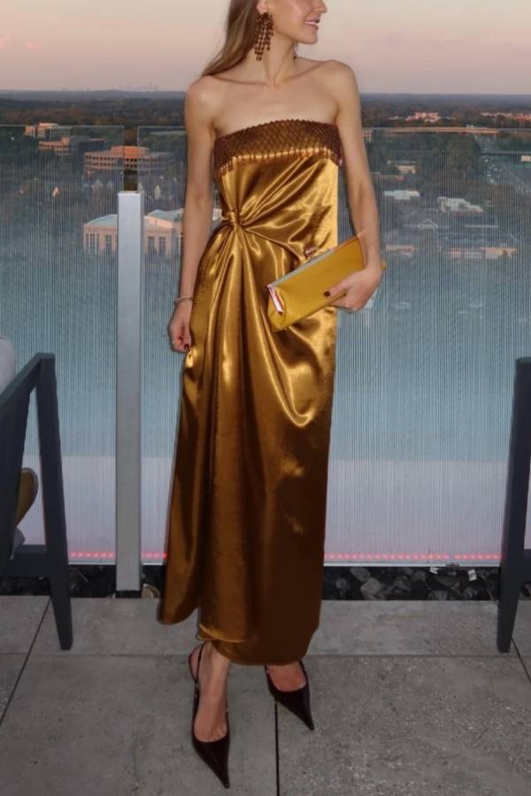 Strapless Metallic Gold Satin Maxi Dress with Fringe Neckline and Knot Draping