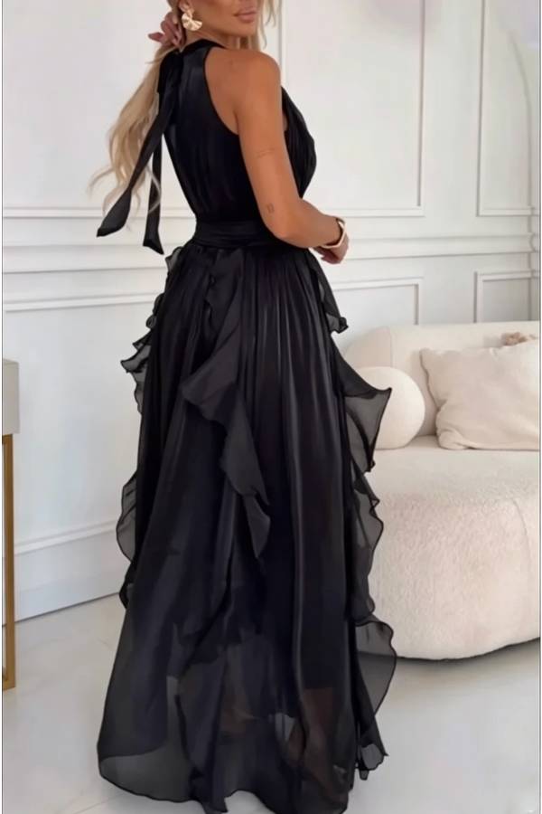 Clara Shimmer Fabric High Tie-up Neck Sleeveless Layered Ruffles Hem Maxi Dress