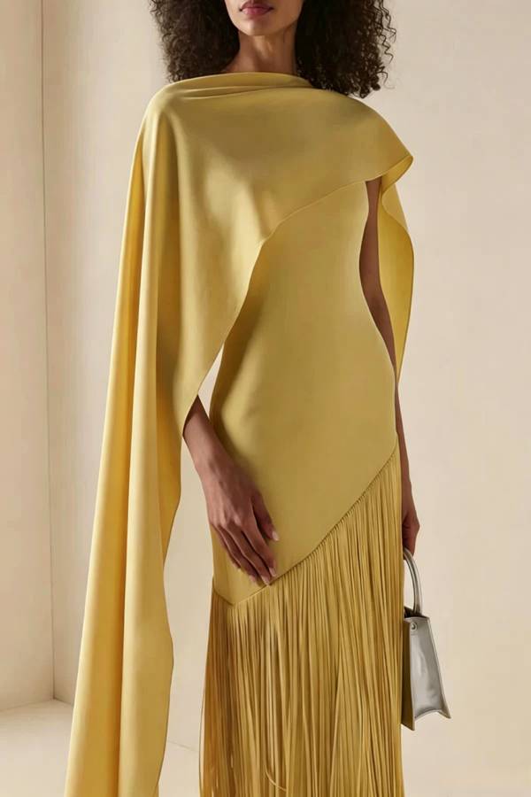 Cayetana Detachable Shawl Detail Fringed Hem Gown Maxi Dress