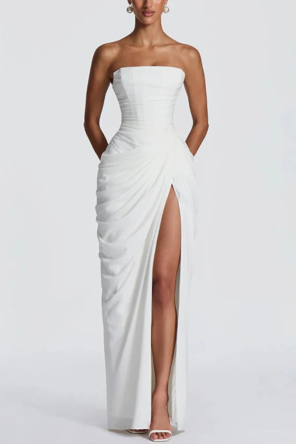 Cyra Chiffon Back Lace-up Asymmetrical Pleats Strapless Slit Maxi Dress