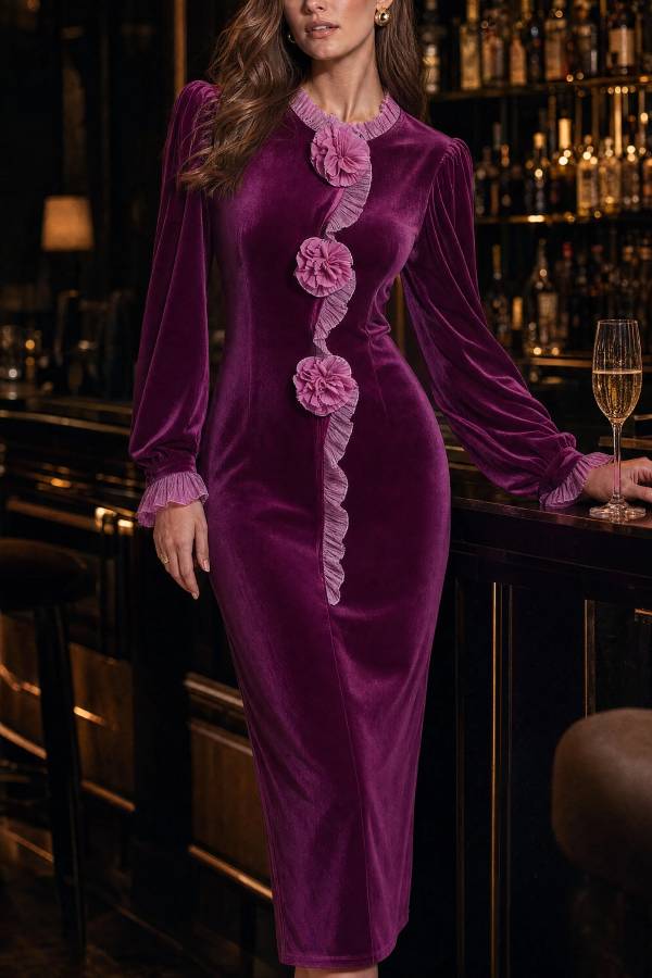 Purple Velvet Stand Collar Floral Appliqué Pencil Midi Dress