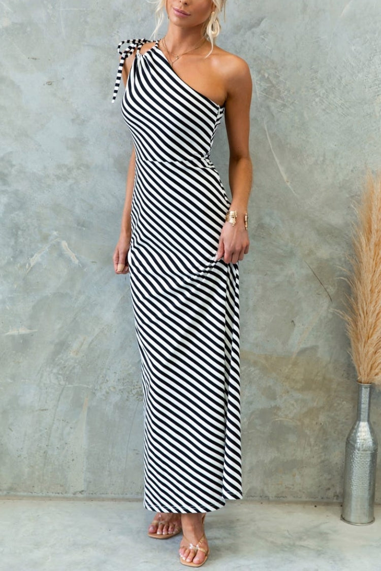Stylish Striped Print One Shoulder Slope-neck Maxi Dress