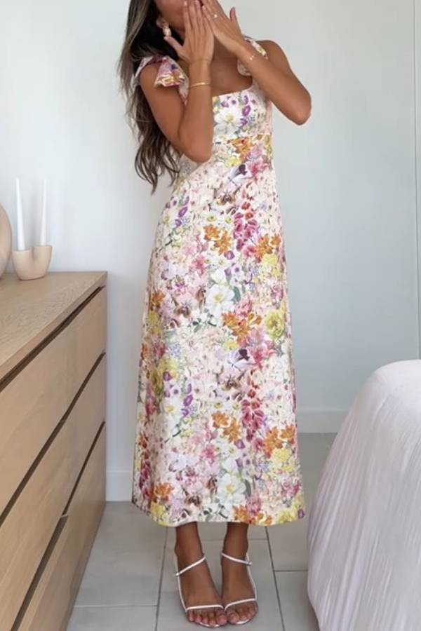 Watercolor Floral Print Bow-Trimmed Midi Dress
