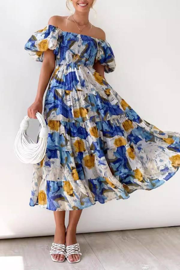 Off Shoulder Puff Sleeve Floral Smocked Tiered Midi Vacation Dress