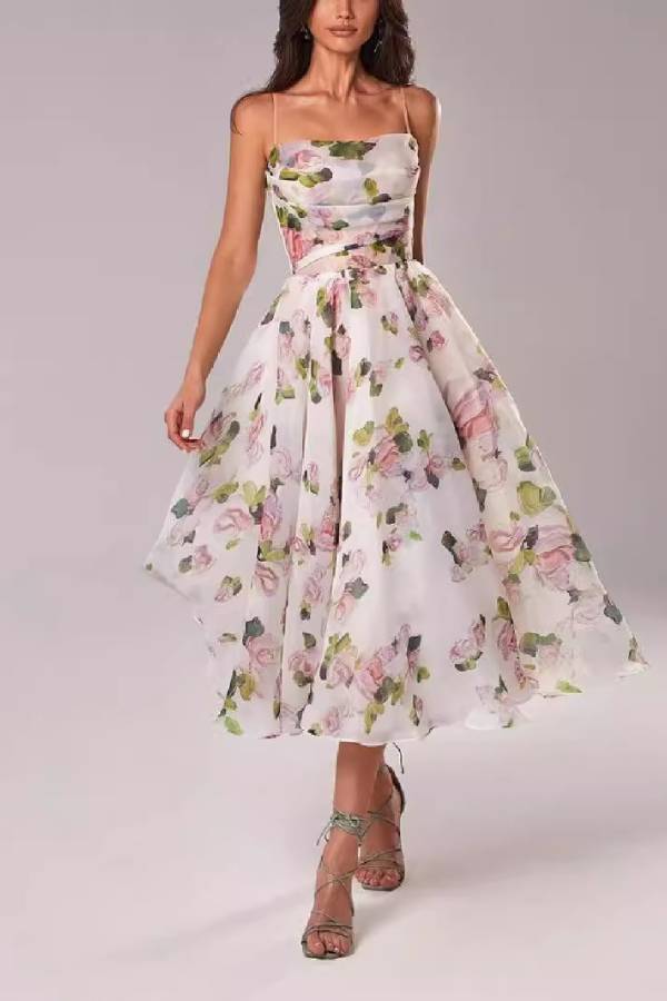 Strapless Floral Oil-Print Swing Midi Dress