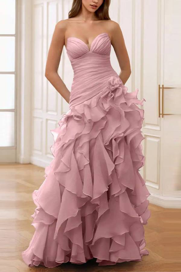 Strapless Ruched 3D Rose Tiered Ruffle Slit Chiffon Evening Gown