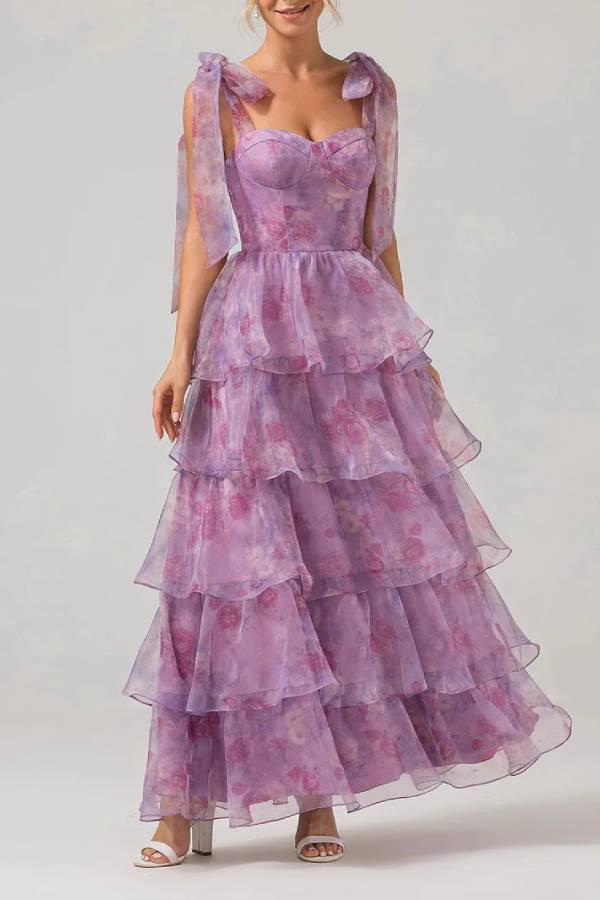 Purple Floral Print Bustier Tie Tiered Organza Gown
