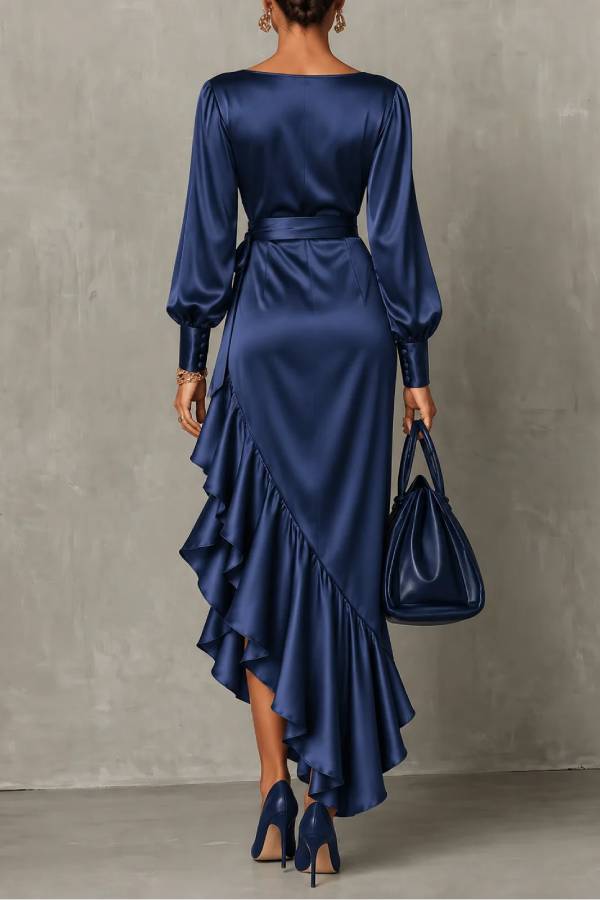 Navy Blue Satin Lantern-sleeved Asymmetrical Ruffle Maxi Dress