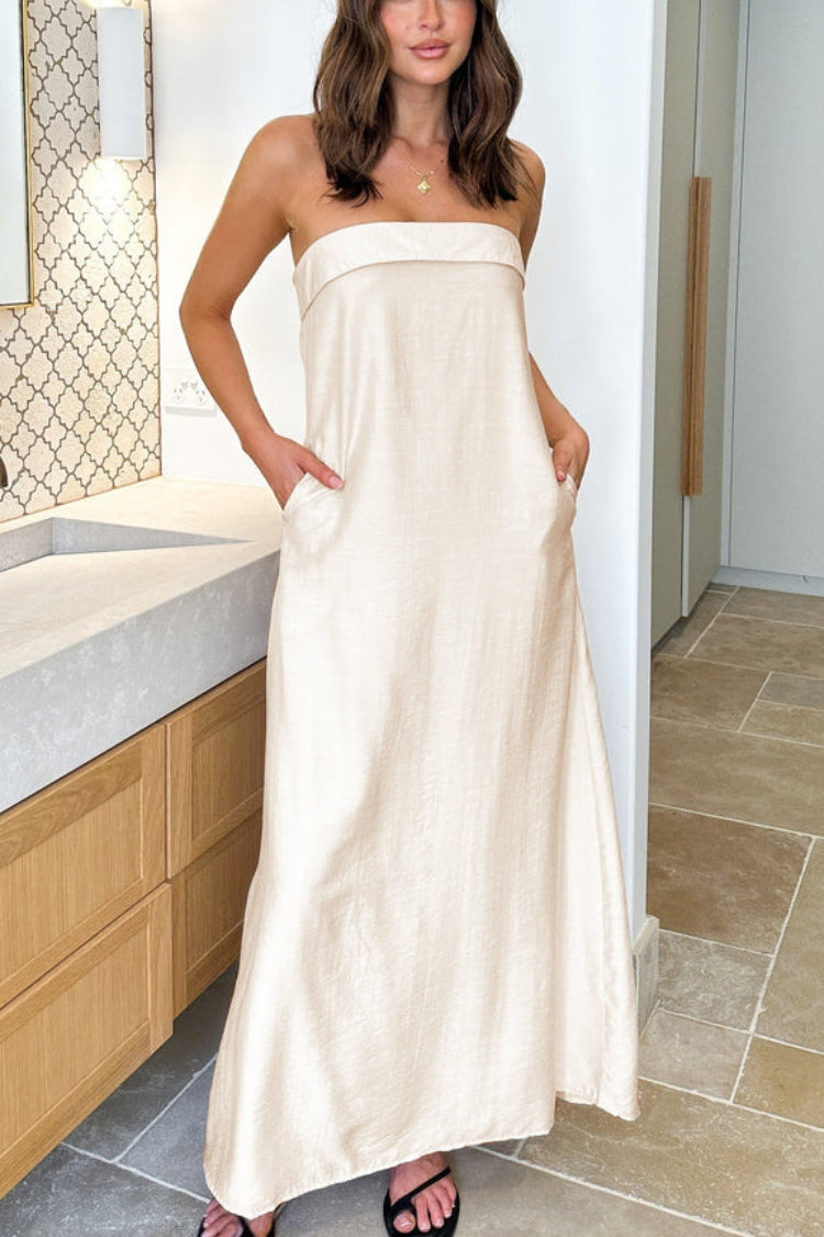 Solid color wrapped chest temperament satin long dress