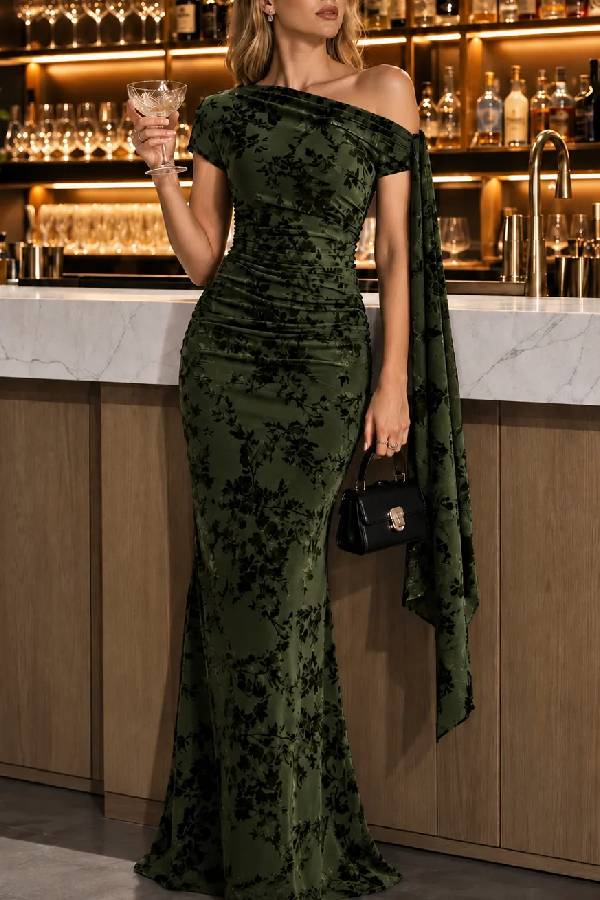 Olive Green Floral Print Asymmetrical Off Shoulder Mermaid Maxi Dress