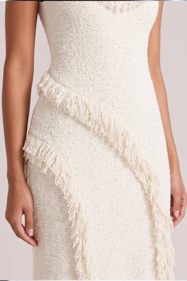 Tweed Knit Scoop Neck Sleeveless Fringe Trim Slit Maxi Dress