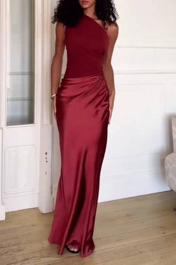 Kaia Satin Contrast Fabric Patchwork One Shoulder Ruched Maxi Dress